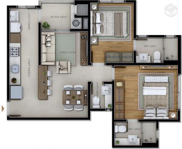 Apto Diferenc-02 suítes 64m²+ área externa c/ 75m²