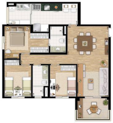 WI Apartamento 96 m², 3 Dorms, 2 Vagas